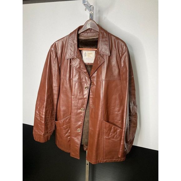 𝅺44” Vintage London Fog Mens Leather Jacket Brown - detachable faux fur lining